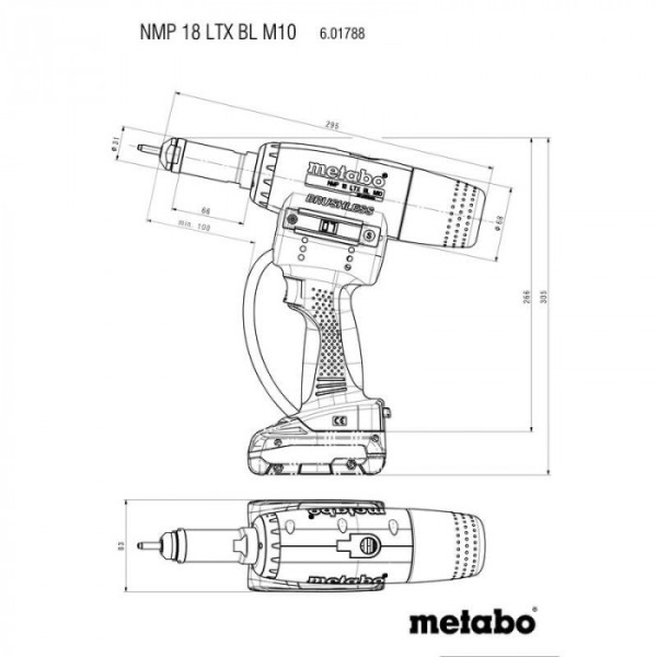 Акумуляторний заклепувальний пістолет для різьбових заклепок Metabo NMP 18 LTX BL M10, 2 акб 18 В LiHD 4.0 Ah, з/п ASC 55, у кейсі metaBOX 145 M