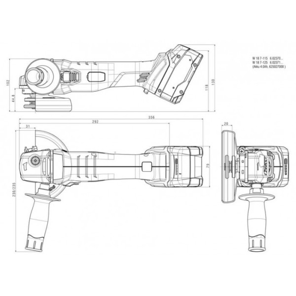 Акумуляторна кутова шліфувальна машина Metabo W 18 7-115, без акб