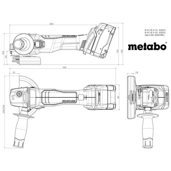 Акумуляторна кутова шліфмашина Metabo W 18 L BL 9-115, без акб