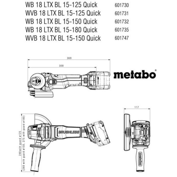 Акумуляторна кутова шліфмашина Metabo WB 18 LTX BL 15-125 Quick, без акб в MetaBOX 165 L