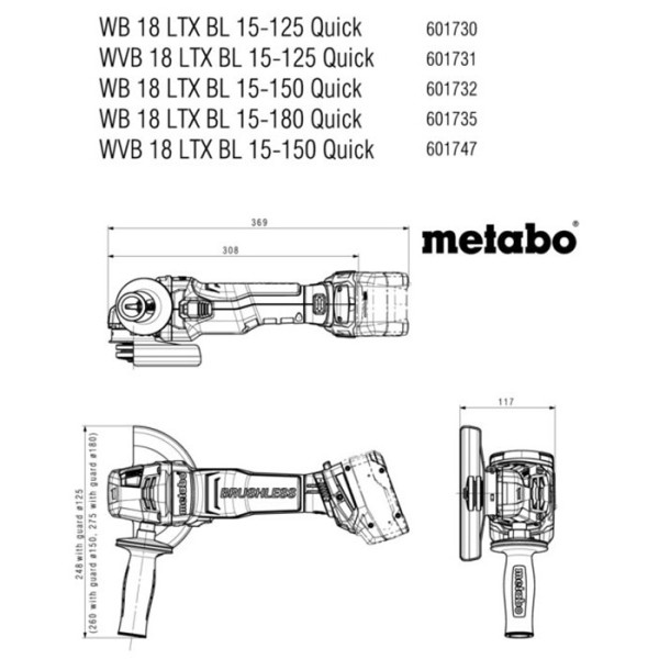 Акумуляторна кутова шліфмашина Metabo WB 18 LTX BL 15-180 Quick, без акб в MetaBOX 165 L