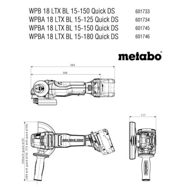 Акумуляторна кутова шліфмашина Metabo WPBA 18 LTX BL 15-125 Quick DS, без акб в MetaBOX 165 L