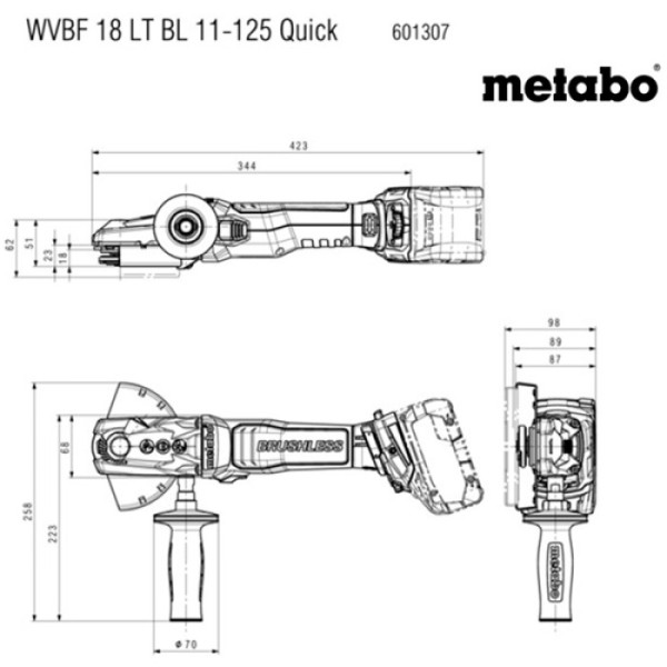 Акумуляторна кутова шліфмашина Metabo WVBF 18 LT BL 11-125 Quick, без акб в MetaBOX 165 L