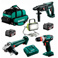 Набір акумуляторних інструментів Metabo: болгарка W 18 7-125, дриль-шурупокрут BS 18 Quick, перфоратор KH 18 LTX 24, прожектор BSA 14.4-18 LED, 2 акб 18V 4 Ah, з/п ASC 55 в сумці